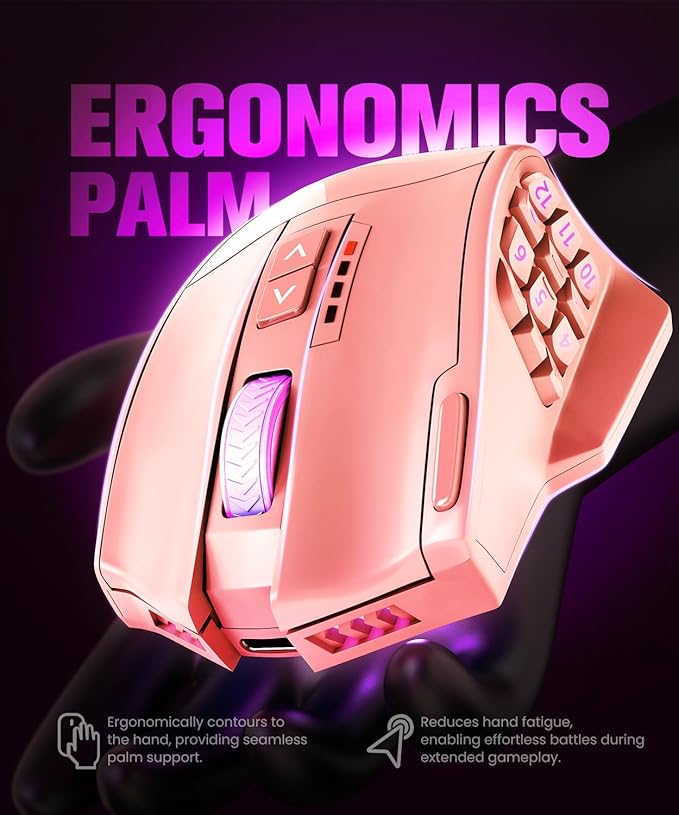 UtechSmart Venus Pro Wireless MMO Gaming Mouse, 16,000 DPI Optical Sensor, Wired/Wireless Dual Modes, 16M Chroma RGB Lighting, 16 Programmable Buttons, Ergonomic Design, Up to 70H, Pink