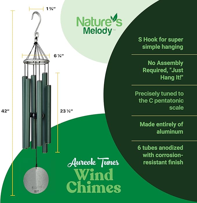Nature’s Melody Aureole Tunes Wind Chimes – Outdoor Windchime with 6 Tubes Tuned to C Pentatonic Scale, 100% Rustproof Aluminum, Powder Finish & S Hook Hanger for Sympathy, Memorial Gift or Zen Garden