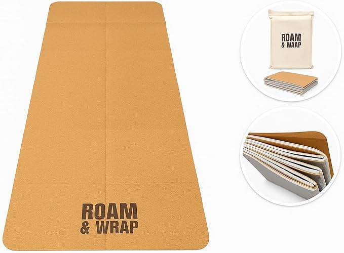 Roam & Wrap Foldable Cork Yoga Mat – Compact 14-Panel Travel Mat, Lightweight & Easy to Carry, Fits in Bag with Carry Pouch, Non-Slip Cork top & TPE bottom, Cotton Bag Included (4mm)
