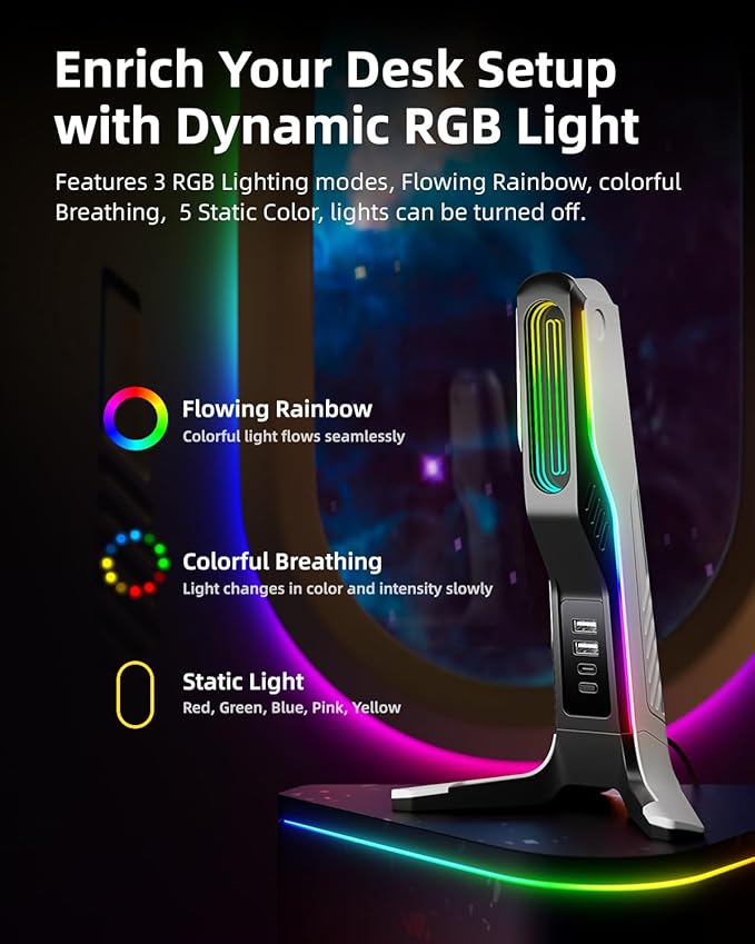 RGB Gaming Headset Stand with 2 USB and 1 Type-C Ports, Game Headphone Mount for PC Computer, Xbox One, Xbox Series S/X, PS5, PS4, Earphone Holder Hanger, Desk Gamer Accessories, Black&White