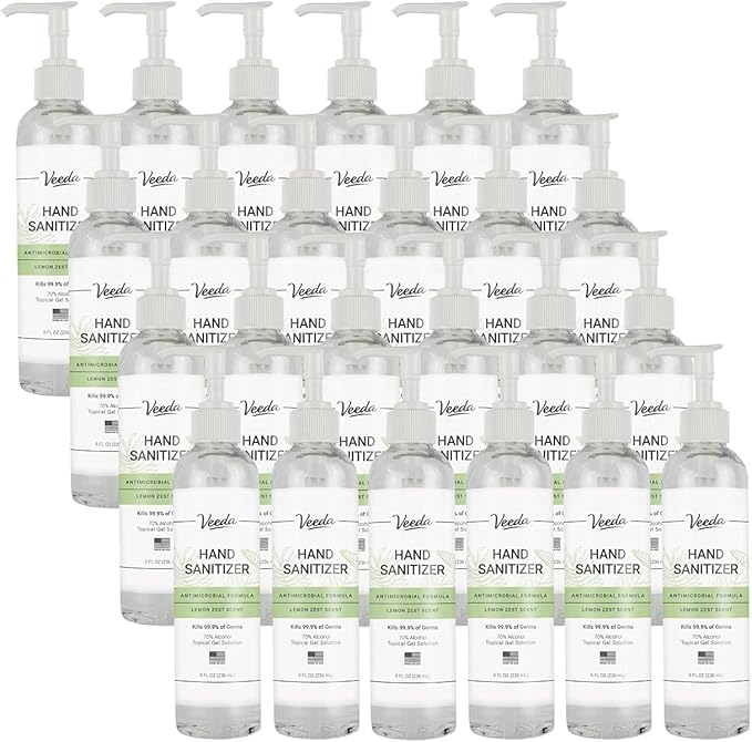 Veeda Scented Hand Sanitizer with Lemon Zest Scent - Moisturizing Clear Gel with Vitamin E & Antimicrobial Formula- Contains 70% Ethyl Alcohol - Travel Size, Made in USA - 8 Fl Oz, 236ml - 24 Bottles