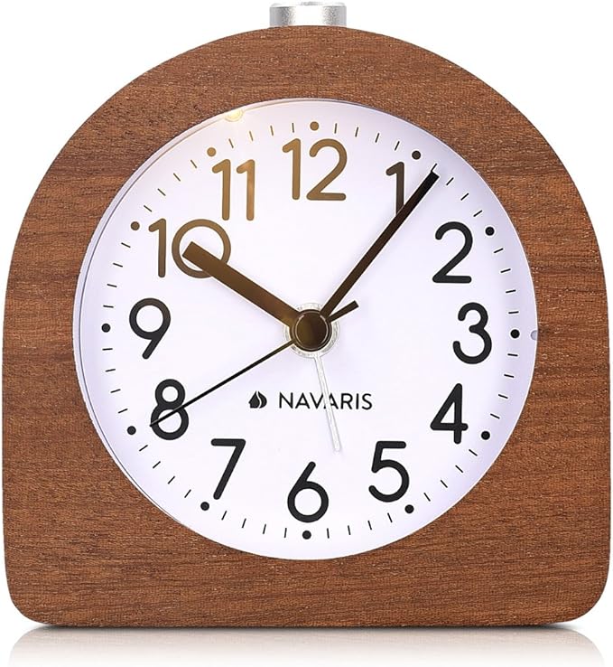 Navaris Wood Analog Alarm Clock - Half-Round Battery-Operated Non-Ticking Clock with Snooze Button and Light - Dark Brown