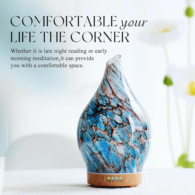 Porseme 150ml Glass Essential Oil Diffuser Aromatherapy Ultrasonic Cool Mist Humidifier 6 Running Hours Waterless Auto-Off Air Diffusers for Sleeping,Yoga,Office Working Spa and Rest (Light Blue)