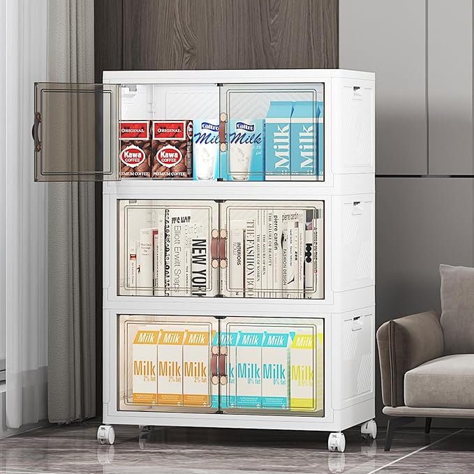 Extra Large Stackable Storage Bins with Lids & Wheels & Door, 312QT-52QT/13GAL*6Pack Foldable Collapsible Closet Organizers, Plastic containers Drawers for Bedroom Dorm