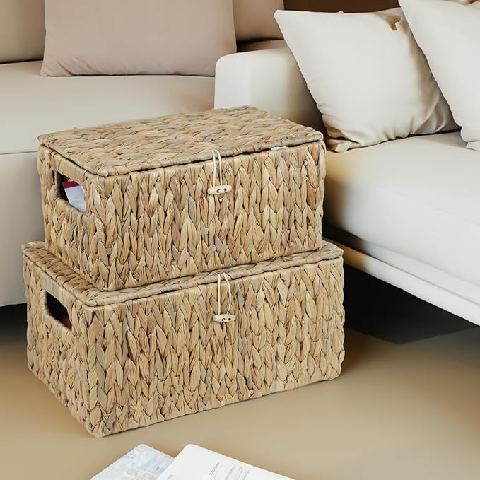Set of 2 Wicker Basket with Lid, Rectangular Water Hyacinth Storage Baskets for Organizing, Decorative Woven Basket Bins Boxes for Organizing Home (14.2" x 9.4" x 7" + 12.2" x 7.8" x 6")
