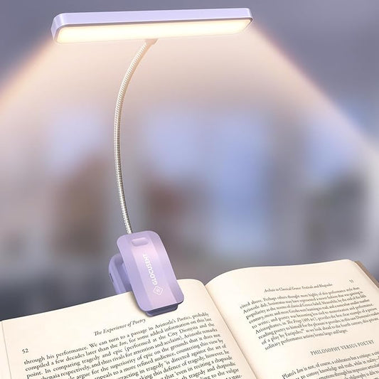 Glocusent 26 LED Rechargeable Book Light, 1200 mAh Battery for 90 Hrs, 5 Amber Colors & Stepless Dimming Book Lights for Reading at Night - Portable Clip on Reading Light for Book Lovers Kids