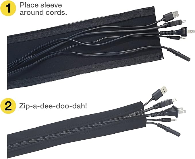 Zipper Cable Sleeve by Wrap-It Storage - 36" x 4" (2-Pack) Black - Cord Organizer and Cable Protector for Desk, Computer, TV Cord Management to Hide and Cover Wire and Extension Cables