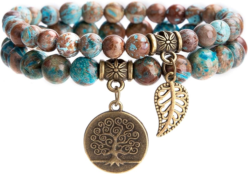 Bivei Natural Semi Precious Gemstone beads bracelet for women - Life Tree and Leaf Charm Energy Reiki Crystal Stretch Bracelets
