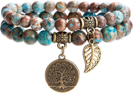 Bivei Natural Semi Precious Gemstone beads bracelet for women - Life Tree and Leaf Charm Energy Reiki Crystal Stretch Bracelets