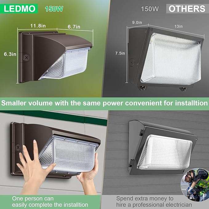 ledmo LED Wall Pack Light 150w Waterproof Ultra Bright Outdoor Lights Wall Mount 5000K 21000lm Commercial and Industrial Security Flood Lighting Exterior Fixture 100-277V Equivalent Energy Save