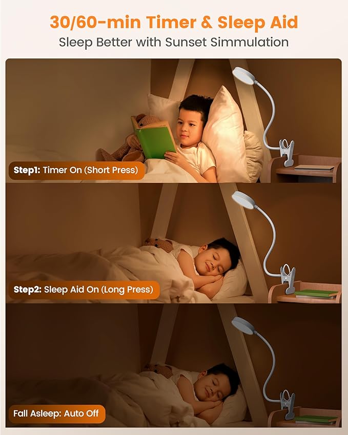 Glocusent 72 LED Clip on Lamp with Remote, Reading Light with Amer Ring Night Light, 3 Colors & 5 Dimmable Desk Lamp with Clamp, Auto-Off Timer for Night Reading, Bed Light for Headboard/Dorm/Bunk