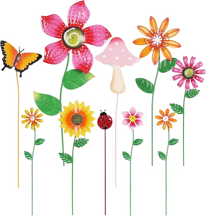 hogardeck Garden Decor for Outside, Set of 10 Metal Flowers Garden Stakes with Mushroom Butterfly Ladybug for Spring Decor, Yard Art Garden Decorations for Outdoor Lawn Porch Pathway (Multi-Color)