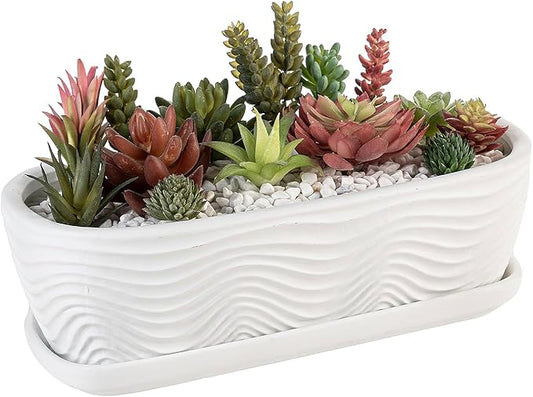 MyGift 13.5 inch Succulent Planter Pot, Oval Modern Ceramic Plant Box Container with Wave Textured Pattern and Removable Saucer Drip Tray (White)