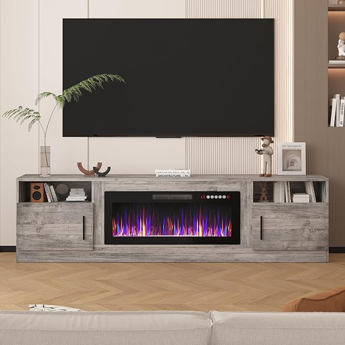 Lemberi Fireplace tv Stand with 36 inch Fireplace Up to 90" TVs, LED Light Entertainment Center and Storage, 80" Modern Wood Media TV Console with Highlight Cabinet for Living Room (Gray)