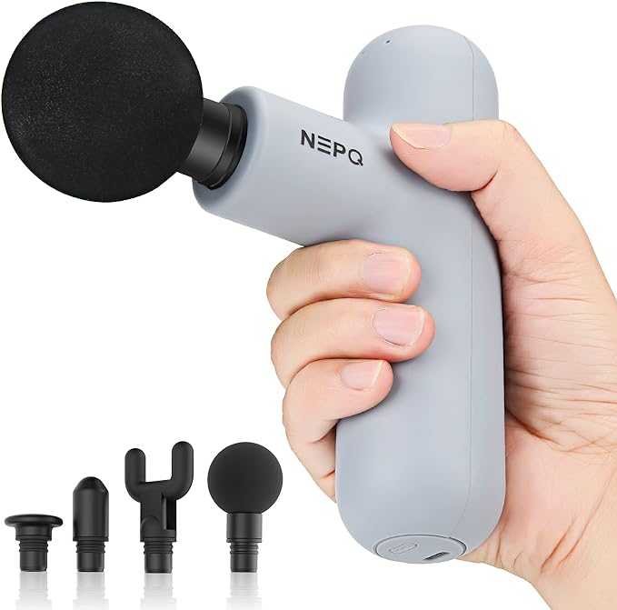 Mini Massage Gun, SK6 Fascial Gun Portable Deep Tissue Percussion Muscle Back Head Massager for Pain Relief with 4 Massage Heads 4 Speed High-Intensity Vibration Rechargeable (Gray)