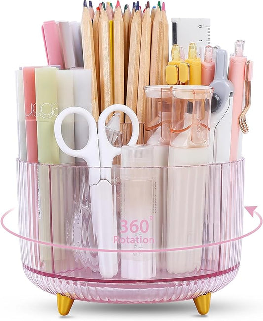 SKYDUE Rotating Pencil Pen Holder, Pen Organizer with 5 Slots - Aesthetic Desk Organizer and Accessories for School, Home, Office Supplies, Clear Pink