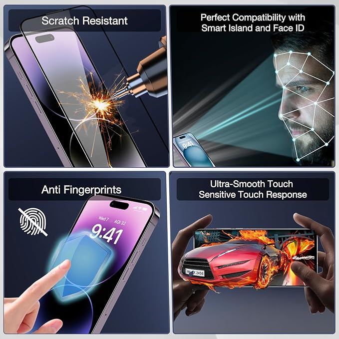 2-Pack Screen Protector for iPhone 15 Pro, 9H Tempered Glass, High Definition Clear, Full Coverage, Anti-Fingerprint, Auto Dust-Elimination, No Bubble, Easy Installation