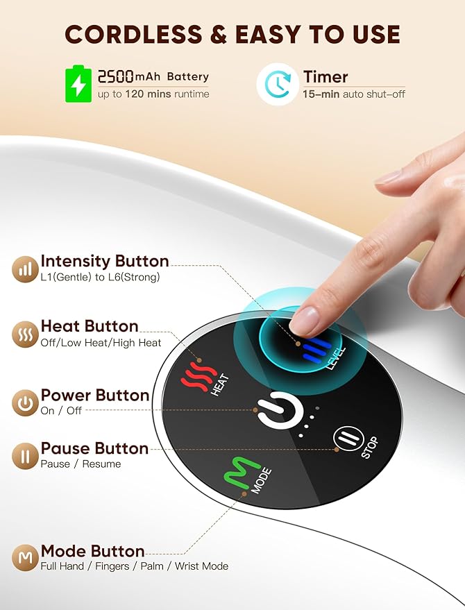 Hand Massager with Heat and Compression : Cordless Heated Full Hand Massager for Palm, Fingers, and Comfort Relief – 4 Modes 6 Intensities, Portable Rechargeable