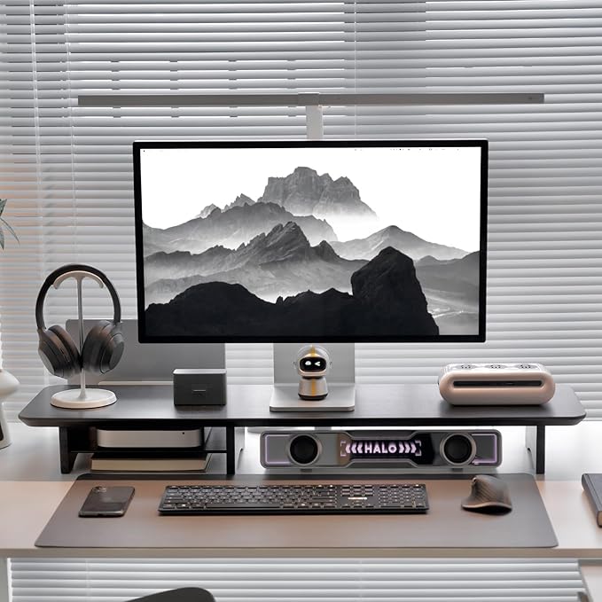 Bamboo Dual Monitor Stand Riser Black, 2-Tier Desk Monitor Riser for 2 Monitors, Supports for PC Computer Monitor, Printer, Heavy TV Riser up to 300 lbs