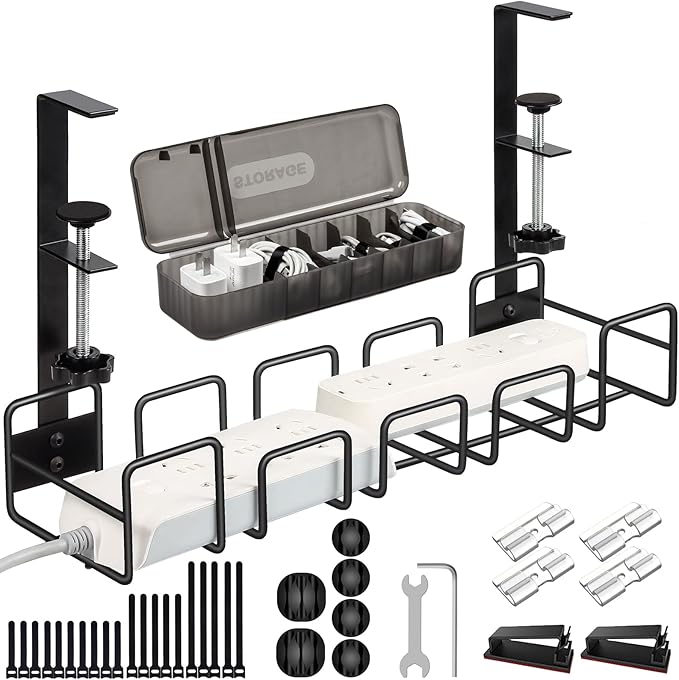 OneLeaf Under Desk Cable Management Tray - No Drill Wire Management Rack for Office, Computer Desk Accessories with Cable Organization