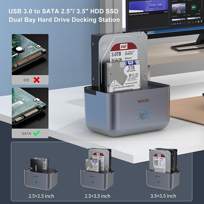 GODO Hard Drive Docking Station to USB 3.0 Type C,Dual Bay Hard Drive Dock for SATA 2.5/3.5 inch HDDs/SSDs with LED Indicator,Support Offline Clone/Duplicator 2 * 18TB Grey