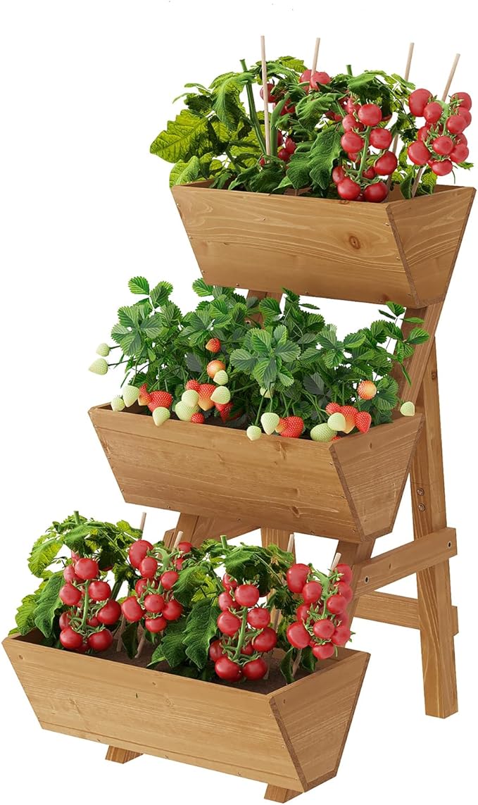 3-Tier Wooden Vertical Raised Garden Bed with Legs, Tiered Planter Box, Vertical Garden Planter,Wood Plant Stand Wood Flower Rack for Patio, Balcony, Freestanding. (Brown-Small)