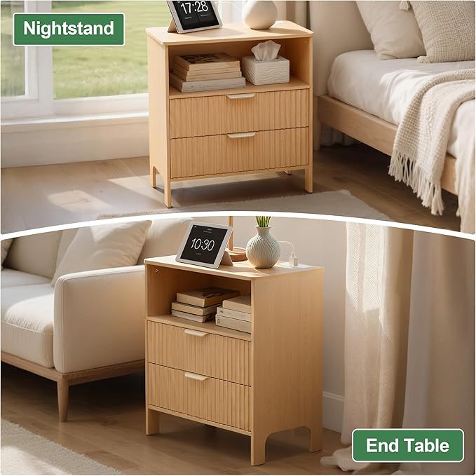 Fluted Nightstand Set 2 with Charging Station, Wood Night Stand with 2 Large Drawers and Storage Shelf, Natural Bed Side Tables Bedroom, Mid Century Modern Nightstand for Bedroom/Living Room