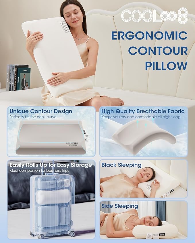 Memory Foam Pillows Queen Size Set of 2, Contour Cooling Cervical Pillow for Neck Pain Relief, Orthopedic Ergonomic Bed Pillow for Side, Back and Stomach Sleepers, Soft Cloudy Sleeping Pillows