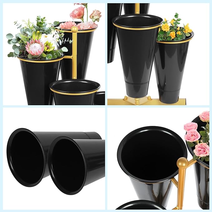 Flower Display Stand with 4 Bucket,Floral Stand with Foldable Frame for Silk Fresh Flowers,4 Tier Florist Shelf Plant Cart for flower shop Garden Living Room,Easy to Install (Gold Shelf+ Black Bucket)