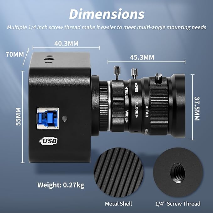 MOKOSE USB Camera 4K,USB3.0 Manual Focus Webcam with 5-12mm Varifocal Lens, IMX678 1/1.8" 8MP Sensor Support YUY2,Web Camera for Desktop Computer Laptop