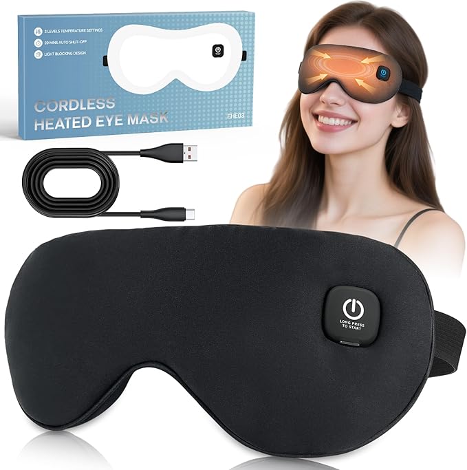 Heated Eye Mask for Dry Eyes Relief, Cordless Eye Mask with 3 Heat Settings, Washable Eye Cover, Warm Heating Pad for Stye Eye Treatment & Travel Use
