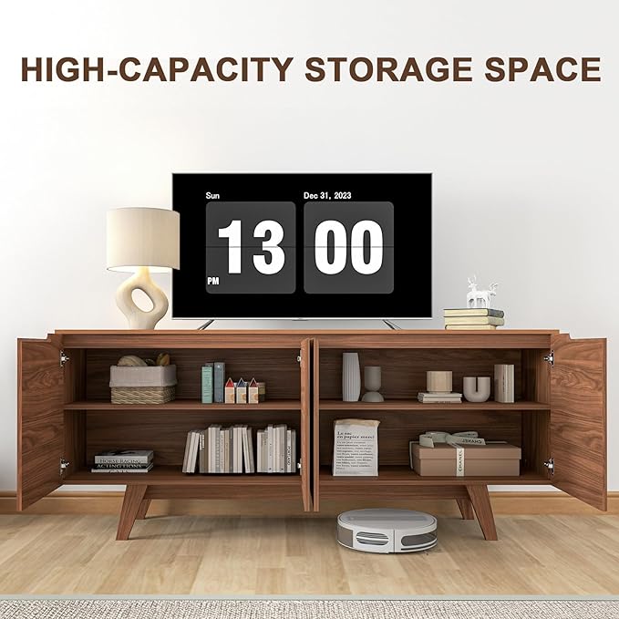 ANJ TV Stand for 80 inch TV, Mid-Century Modern TV Console with Storage Cabinet, Wooden Television Furniture for Living Room, Entertainment Center with Adjustable Shelf Design