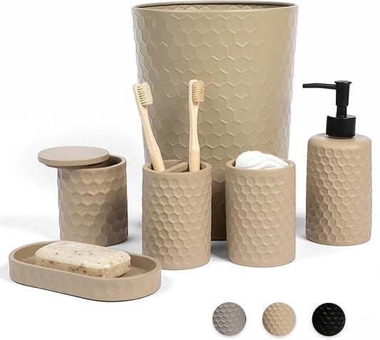 zccz 6 Piece Bathroom Accessories Set, Toothbrush Holder, Toothbrush Cup, Soap Dispenser,Bathroom Vanity Tray, Qtip Holder, Trash Can - Khaki