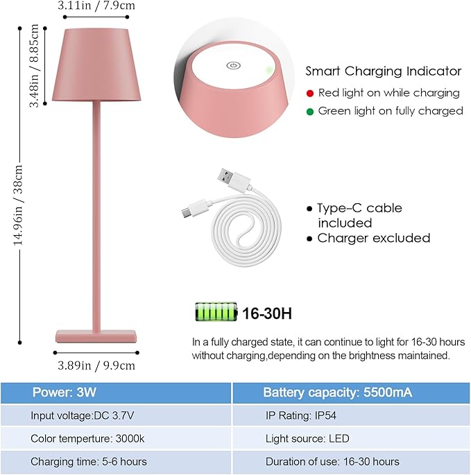 2-Pack LED Cordless Table Lamp, Rechargeable Battery Desk lamp 3W 5500mAh Battery Operated Stepless Dimming Modern Portable Table Light for Restaurant/Bedroom/Outdoor IP54 Waterproof (Pink)