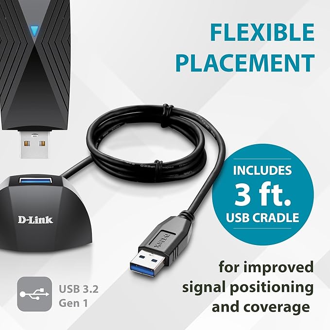 D-Link USB WiFi 6 Adapter AX1800 USB 3.0 Dual Band Long Range MU-MIMO Wireless Internet Network for Desktop PC Laptop Windows (DWA-X1850-B1) Black