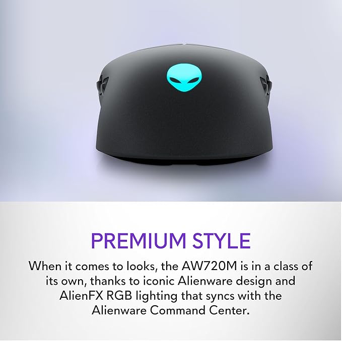 Alienware AW720M Tri-Mode Wireless Gaming Mouse - 2.4GHz Wireless, Bluetooth 5.1, 26,000 DPI, 8-Fully Programmable Buttons, Magnetic Snap Charging Adapter USB-A to USB-C Cable - Dark Side of The Moon