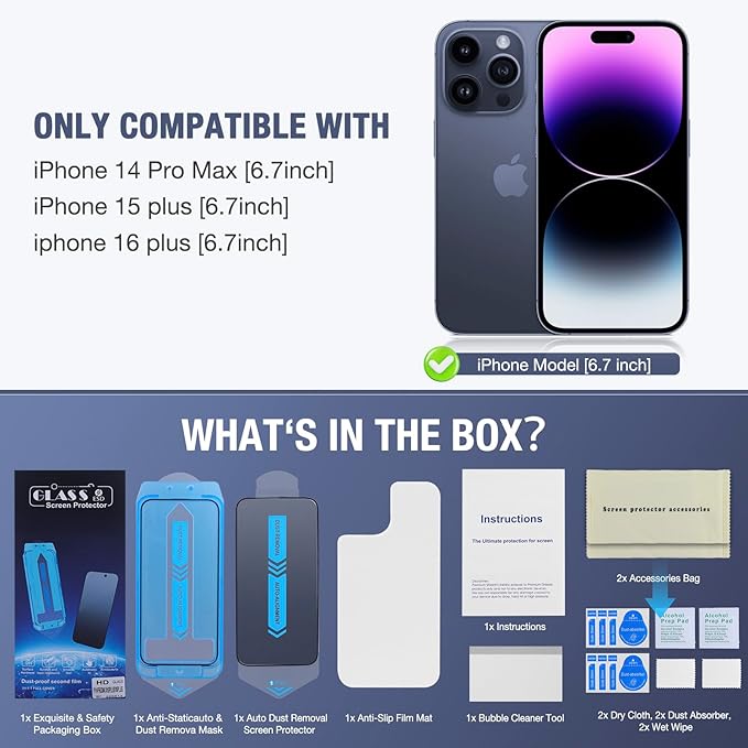2-Pack Screen Protector for iPhone 14 Pro Max/iPhone 15 Plus/iPhone 16 Plus, 9H Tempered Glass, High Definition Clear, Full Coverage, Anti-Fingerprint, Auto Dust-Elimination, No Bubble, Easy Installation