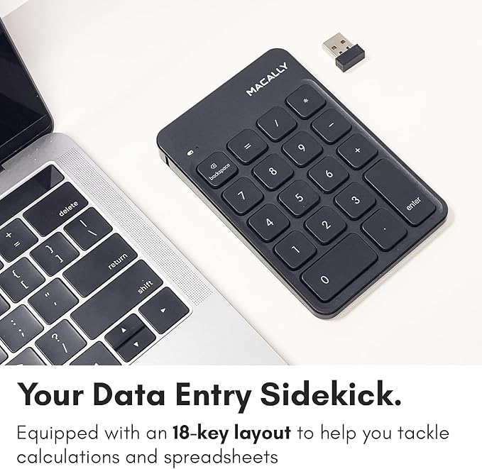 Macally Wireless Number Pad | Numeric Keypad | Wireless 10 Key for Laptop PC Computer Notebook Surface Chrome (2.4G USB) Perfect for Data Entry Numpad Number Keyboard