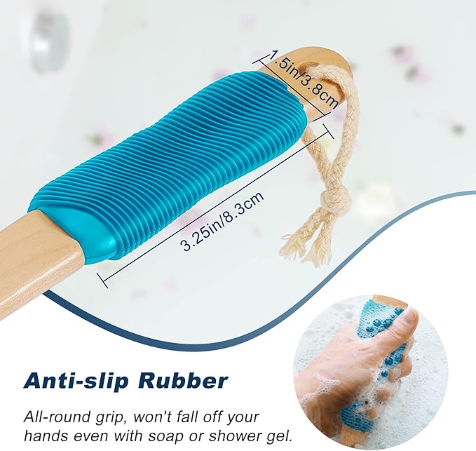 KIPRITII Ergonomically Back Scrubber for Shower - Double-Sided Back Brush Long Handle for Shower, Wet & Dry Brush for Cellulite and Lymphatic (Blue)