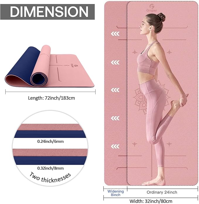 Yoga Mat Non Slip TPE Extra Wide Yoga Mat with Alignment Mark, 72"L x 32"W x 0.32"/0.24"Th (183cm x 80cm x 8mm/6mm), Anti-Tear Exercise Mat with Carrying Strap and Bag, Workout Mats for Yoga, Pilates