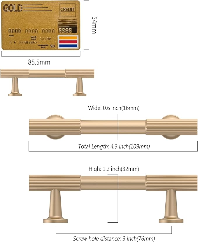 Amerdeco 10 Pack Champagne Gold Cabinet Pulls 3Inch(76MM) Hole Centers Kitchen Cabinet Handles Hardware for Cupboard Handles Drawer Pulls ZH0071