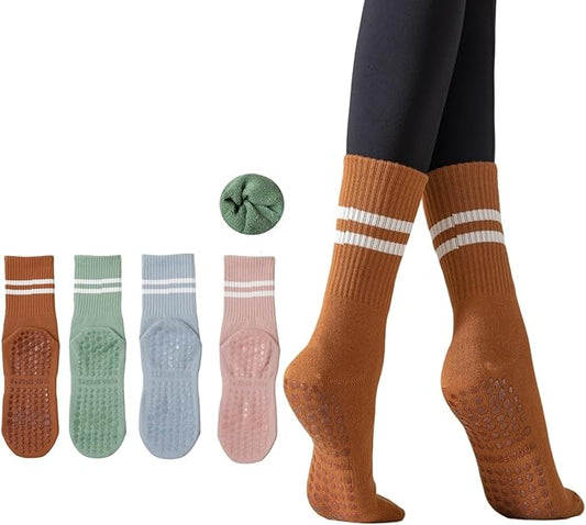 Yoga Socks with Non-Slip Grips for Women - 4 Pairs Pilates, Barre, Gym, Dance Workout Anti-Skid Socks