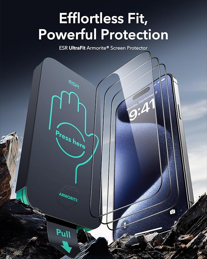 ESR 3 Pack 9H+ Glass for iPhone 15 Pro Screen Protector, [Military Grade Shatterproof & Longest Durable] Armorite Ultra-tough Full Coverage Tempered Glass with UltraFit Tray