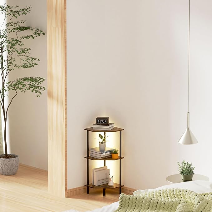 Corner Shelf Stand, Storage Standing Shelf Unit with Metal Frame, Narrow Bookshelf with LED Light Brown Plant Display Stand, Multi Unit Organizer Corner Cabinet for Bedroom, Living Room (3 Tier)