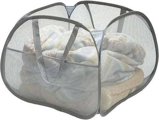 Collapsible Pop-Up Mesh Laundry Hamper Basket, 90L Large Square with Wide Opening, Sturdy Handles & Side Pocket, Foldable, Breathable, Space-Saving for Laundry, Storage, Camping, Travel (Gray)