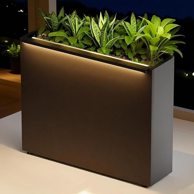 GSK Light Metal Planter Boxes LED Lighting Strips × 2 Outdoor Black Rectangle Flower Trough Heavy Duty Galvanized Iron Raised Tall Garden Bed Indoor Divider Shelf for Plants and Space Dividing