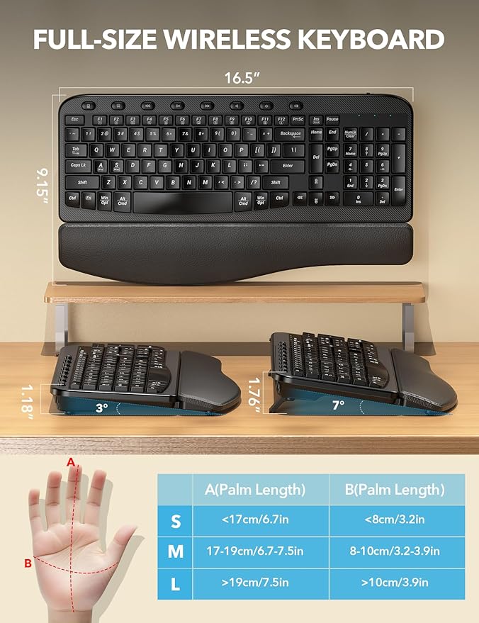 SABLUTE Wireless Keyboard, Ergonomic Wave Keyboards with Cushioned Wrist Rest, 2.4GHz USB Computer Wave Key Board for Windows, Mac, Chrome, PC, Laptop, Tablet - Black Full Size - Teclado Inalámbrico