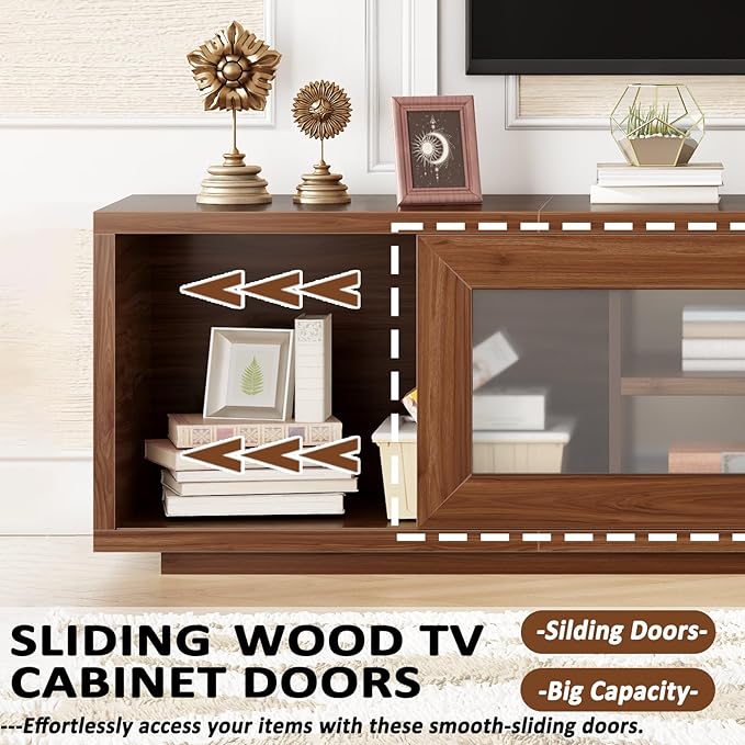 HSH 70" TV Stand for 75 inch TVs,Entertainment Center for Living Room with Storage,Farmhouse Walnut TV Stand Wood with Sliding Doors,Low Media Console Cabinet for Bedroom