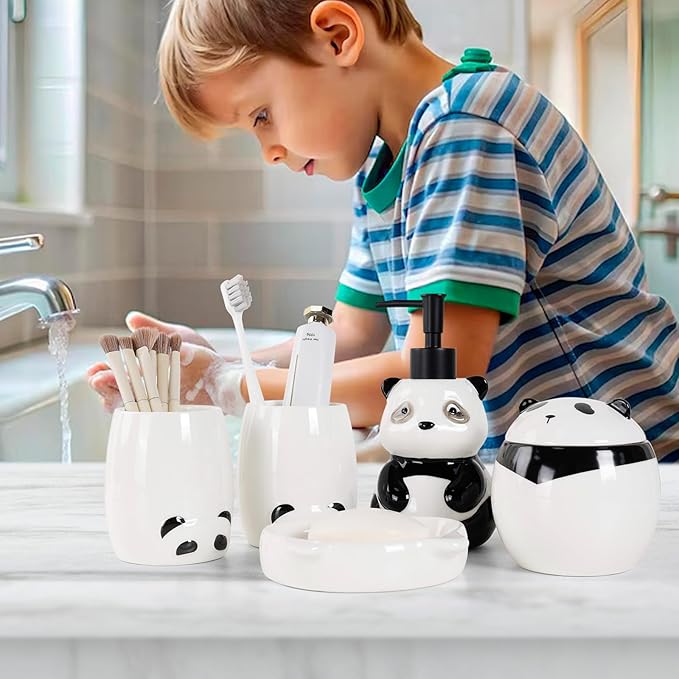 Bathroom Accessory Set 5PCS, Ceramic Bathroom Accessories Set, Cute Panda Bathroom Accessories Sets Complete, Home Apartment Modern Bathroom Decor Vanity Countertop, ANTIS'S HOME