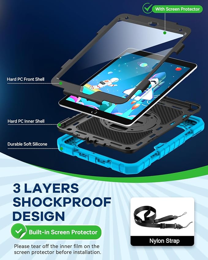 Cantis Case for iPad 9th/8th/7th Generation with Screen Protector, iPad 10.2 Case 2021/2020/2019 with 360 Degree Rotating Stand/Shoulder Strap/Pencil Holder, Blue